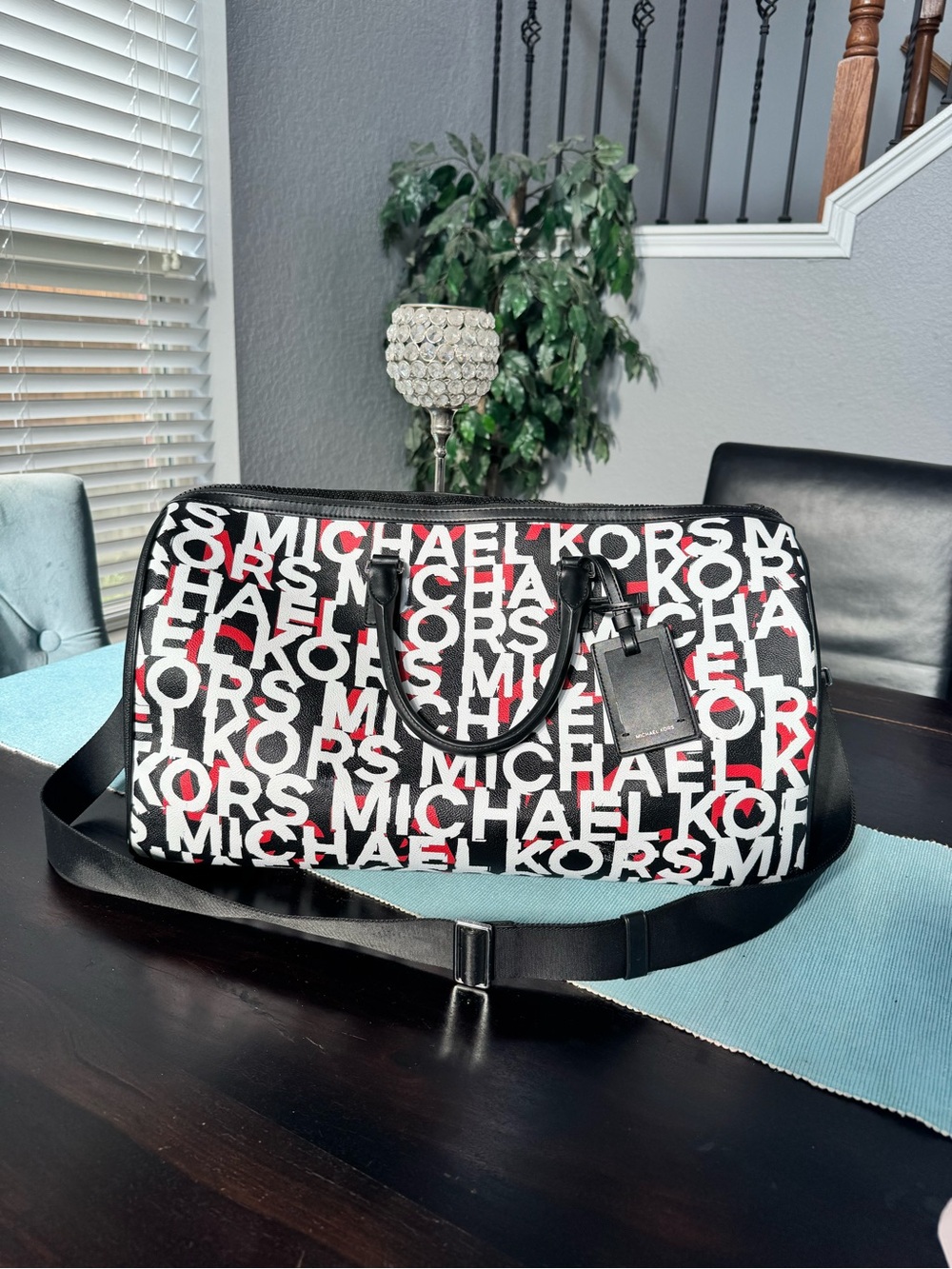 Michael Kors Black White Red Logo Duffel Travel Bag